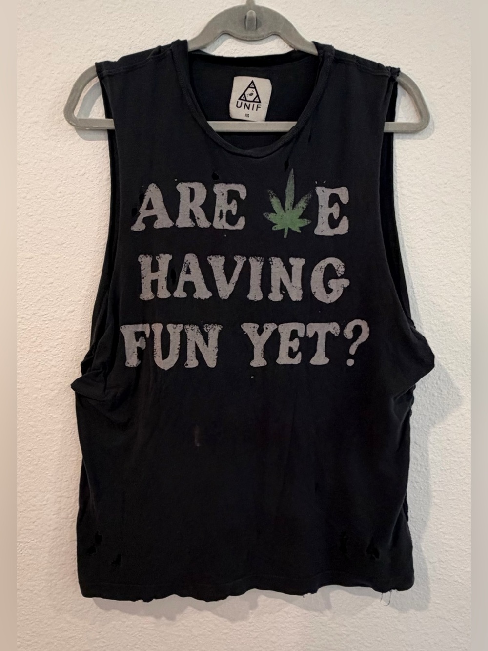 UNIF OG Distressed black “Are We Having Fun Yet?”sleeveless tank shirt small